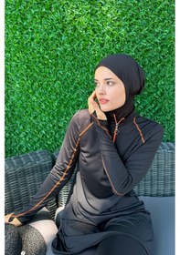 Resim Likralı Tam Kapalı Yüzücü Mayo R043 Turuncu Siyah Siyah 