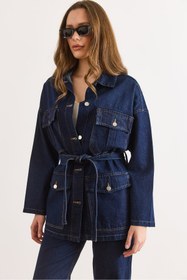 Resim Olalook Kadın Lacivert Kuşaklı 4 Cepli Denim Ceket CKT-19000503 