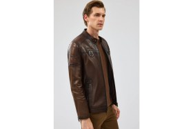 Resim Derimod Kawhi Erkek Kahverengi Slim-Fit Armalı Deri Mont 20SGD6351BT 