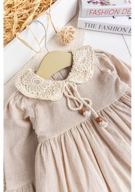 Resim Dantel Detaylı Dokuma Kumaş Bej Kız Bebek Elbise Şık Özelgün Elbise Bej 
