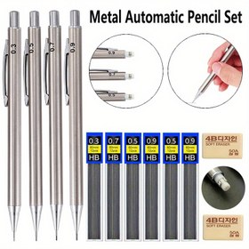 Resim Metal Eskiz Kalem Seti, 0.3/0.5/0.7/0.9mm, Otomatik Yazma ve Çizim Kalemleri, Ofis Kırtasiye Malzemeleri, İnce Yazma Araçları, 1 Kalem ve 2 Silgi ile 10 Uç Çekirdeği İçerir 