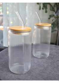 Resim 2 Adet Cam Pipetli Çizgili Bardak Bambu Kapaklı Soğuk Sıcak Kahve 