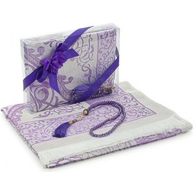 Resim Gelin Damat Bohçasına Uygun Hediyelik Kutulu İnci Tesbihli Çeyizlik Seccade Seti Mor 001 