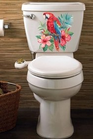 Resim Sevimli Papağan ve Renkli Çiçekler Temalı Klozet Banyo Sticker 