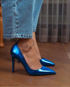 Resim Vanessa Metalik Saks Mavi Sivri Burun Kadın Stiletto 