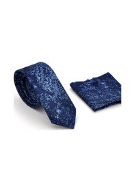 Resim Gaffy Mavi Lacivert Karışık Desenli Dokuma Kumaş Mendilli Slim Fit Kravat // Sdk230907 Lacivert - Mavi 