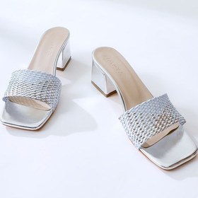 Resim Lemonie Gümüş Örgü Bantlı Kısa Topuklu Terlik 001 