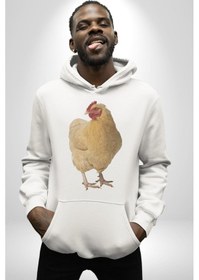 Resim Tavuk Kadın Erkek Beyaz Kapüşonlu Sweatshirt Hoodie Beyaz 