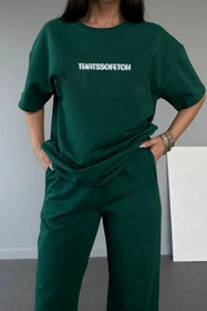 Resim DUBU BUTİK Thatssofetch T-shirt Eşofman Altı Jogger - Yeşil Baskı Alt Üst Eşofman Takımı Oversize Bisiklet Yak 