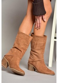 Resim Fox Shoes T936042502 Taba Kalın Alçak Topuklu Kadın Bot Taba-Süet Taba 
