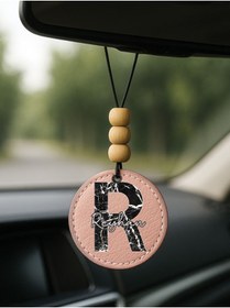 Resim Cekuonline Kişiye Özel İsim Yazılı 1.Sınıf Deri Ahşap Dekorlu Dikiz Aynası Süsü Pudra Pembe - R Harfi 