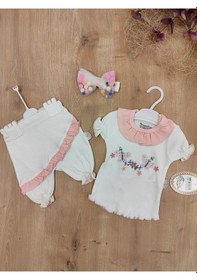 Resim Kız Bebek Çocuk Takım Pudra Sweatli 3'lü 3-6-9-12 Ay Bebek Takımları Kıyafetleri Giysileri Pudra 