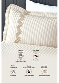 Resim Evlen Home Mihrimah Dantelli Lüks Yatak Örtüsü Seti Çift Kişilik %100 Pamuklu Şık Zarif Yumuşak Dokulu Pike Bej 