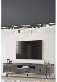 Resim Duru Tv Sehpası Antrasit Gümüş 2 Kapaklı 1 Çekmeceli Oval Formlu Sehpa 180x40x53 Cm 