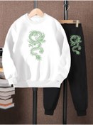 Resim LePold 3 Iplik Üst Beyaz Alt Siyah Baskılı Kız/erkek Oversize Sweatsihrt & Eşofman Takım 