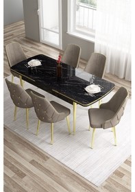 Resim Canisa Tia Serisi 80x132 Açılabilir Mdf Siyah Mermer Desen Gold Detay Masa Takımı Ve 6 Cappucino Sandalye Beyaz 