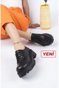 Resim Deripabuc Hakiki Deri Siyah Kadın Tırtıklı Platform Taban Loafer Ayakkabı Trc-4004 