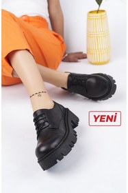 Resim Deripabuc Hakiki Deri Siyah Kadın Tırtıklı Platform Taban Loafer Ayakkabı Trc-4004 