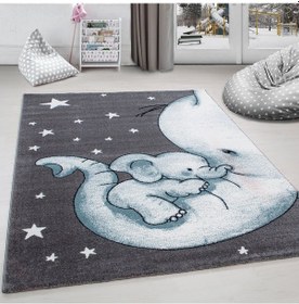 Resim Soft Yumuşak Çocuk Odası Halısı Sevimli Yumurcak Fil Ve Yıldız Desenli Gri Mavi Beyaz Mavi 