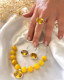 Resim Doğaltaş Gümüş Sitrin Taşlı Kolye Küpe Yüzük Set 