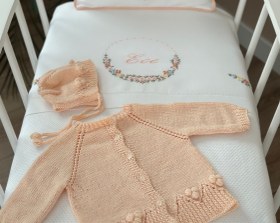 Resim Vintage Flower El Örgüsü Bebek Hırka Şapka Seti - 3-6 ay / Beyaz 