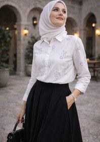 Resim ŞIK VE MUTLU Çiçek İşleme Ham Keten Premium Tesettür Kadın Gömlek 