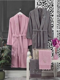 Resim 4 Parça Aile Bornoz Seti Kadın Erkek Havlulu Bornoz Takımı Pembe Gri 001 