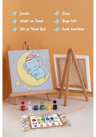 Resim Ay Üzerinde Uyuyan Fil Temalı Çocuk Boyama Tuvali Şövaleli Eğitici Boyama Seti 20x20 Cm 