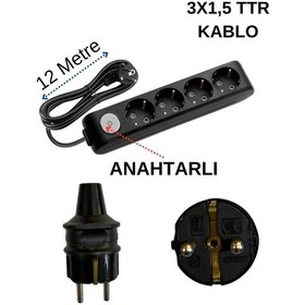 Resim Avarson 4'lü Dörtlü Priz Topraklı Anahtarlı Kablolu Siyah 3x1,5 Ttr 12 On İki Metre 