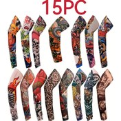 Resim 15 adet Sahte Kollu ve Yumuşak Elastik Çiçek Kol Eldivenli Desenli Tatu Tatil Kolu Seti - Siyah, Kırmızı, Yeşil ve Mavi Renklerde Canlı Kafatası, Ejderha ve Geometrik Tasarımlar, Mükemmel Cadılar Bayramı veya Temalı Partiler İçin, Cadılar Bayramı Kostümü Aksesuarı | Temalı Parti Giyimi | Yumuşak Elastik Kollar 