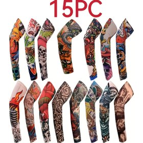 Resim 15 adet Sahte Kollu ve Yumuşak Elastik Çiçek Kol Eldivenli Desenli Tatu Tatil Kolu Seti - Siyah, Kırmızı, Yeşil ve Mavi Renklerde Canlı Kafatası, Ejderha ve Geometrik Tasarımlar, Mükemmel Cadılar Bayramı veya Temalı Partiler İçin, Cadılar Bayramı Kostümü Aksesuarı | Temalı Parti Giyimi | Yumuşak Elastik Kollar 