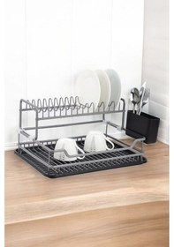 Resim Füme Renk Paslanmaz Alüminyum Bulaşıklık 2 Katlı - Modern Mutfak Tabaklık Lavabo Üstü Raf Füme 