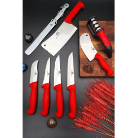 Resim Swencraft 8 Parça Set Mutfak Et Kasap Kurban Yüzme Bıçağı Sürmene Soğan Börek Satır Seti Masat Bileme Aparatı 