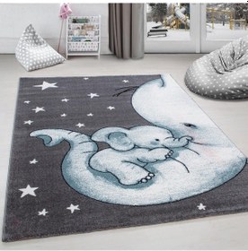 Resim Fil Ve Yıldız Desenli Çocuk Halısı Gri-mavi-beyaz Mavi 