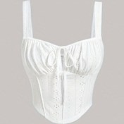 Resim Kadınlar için Y2K ilhamlı Kare Yaka Kırpma Üst - Beyaz Ribbed Faux Drawstring Detaylı, Kolsuz Yaz Atleti, Bahar/Yaz için Rahat Şık Stil 