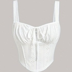 Resim Kadınlar için Y2K ilhamlı Kare Yaka Kırpma Üst - Beyaz Ribbed Faux Drawstring Detaylı, Kolsuz Yaz Atleti, Bahar/Yaz için Rahat Şık Stil 