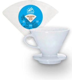 Resim VESTRON V60 Kahve Demleme Tanışma Seti Beyaz Seramik Demleme Aparatı ve Filtre Kağıdı 100 Adet Sv1009 