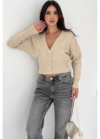 Resim Noa & Noa Kadın Çiçek Nakışlı Düğmeli Premium Hırka Romantik & Zarif Stil Bej 