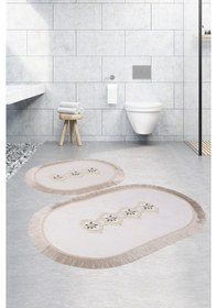 Resim Shems Oval Krem 2'li Dantelli Ve Saçaklı Banyo Halısı Paspası Set Krem 