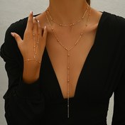 Resim 2 adet Kadın Takı Seti Moda Minimalist Fasulye Zincir Y-Boyunluk ve Parmaksız Bileklik Sonbahar ve Kış için, Uzun Kazak Zinciri Günlük Çok Yönlü Takı Seti 