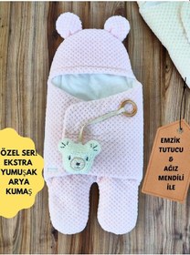 Resim Bebek Battaniyesi Ekstra Yumuşak Dış Kundak Oyuncaklı Kapşonlu Ayıcık Kulaklı Ayaklı Uyku Tulumu Pembe 
