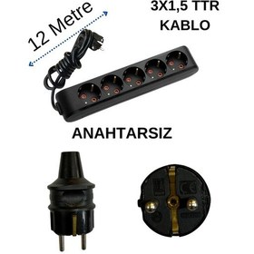 Resim Avarson 5'li Beşli Priz Topraklı Kablolu Siyah 3x1,5 Ttr 12 On İki Metre 