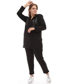 Resim Mia Butik Büyük Beden Siyah Kapşonlu Pul Payetli Eşofman Takımı Siyah 