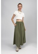 Resim Kadın Cepli Lastikli Bel Tensel Midi Etek Haki 