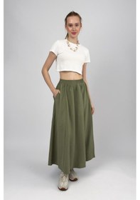 Resim Kadın Cepli Lastikli Bel Tensel Midi Etek Haki 