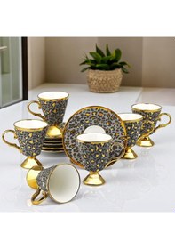 Resim Kosova Porselen 6 Lı Ayaklı Leopar Fincan Takımı Gri & Gold Detaylı Şık Kahve Seti 90 Cc Renkli 