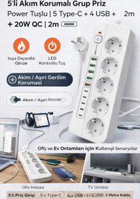 Resim Yellowtech Akıllı Çoklu Priz 5’li Akım Korumalı | Power Tuşlu | 5 Type-C + 4 USB + 20W QC | 2m 