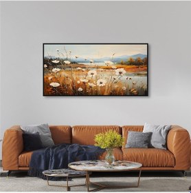 Resim Yağlı Boya Dokulu Tablo Göl Kıyısında Çiçekler Siyah Çerçeveli U06002-178967 