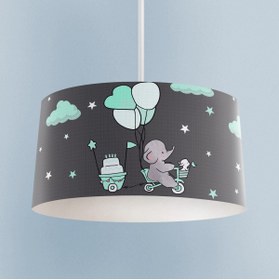 Resim MASAL ODAM BEBEK VE ÇOCUK ODASI Yeşil Bulutlu ve Bisikletli Fil Desenli Avize 