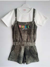Resim Haki Batik Kız Çocuk Yazlık Şortlu Salopet Tulum Ve Tshirt 